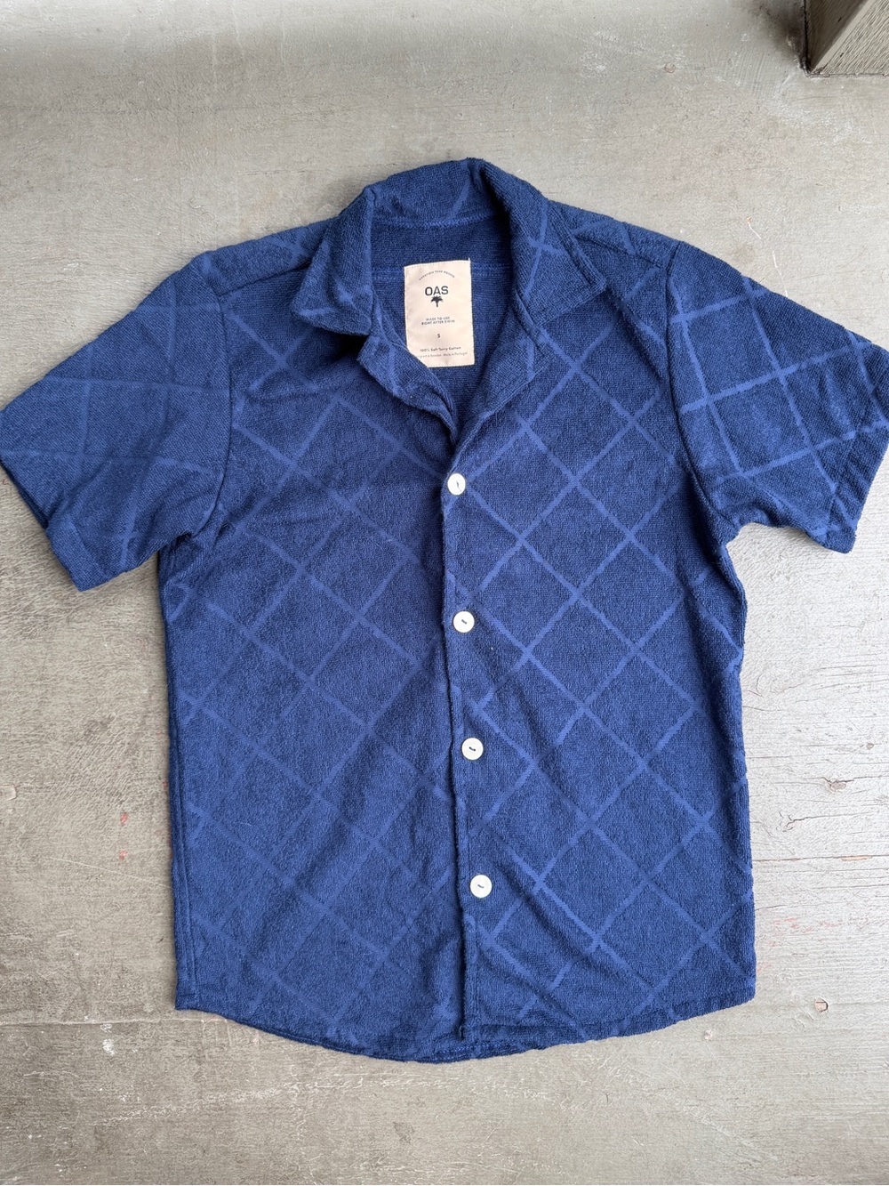 OAS Navy Diamond-Textured Terry Cotton Short Sleeve Shirt